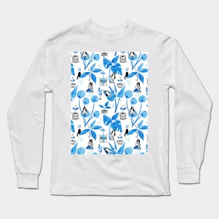 Watercolor plants, girl and a cat Long Sleeve T-Shirt